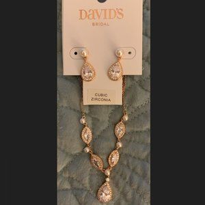 David's Bridal Sparkly Necklace and Earrings in Rose Gold